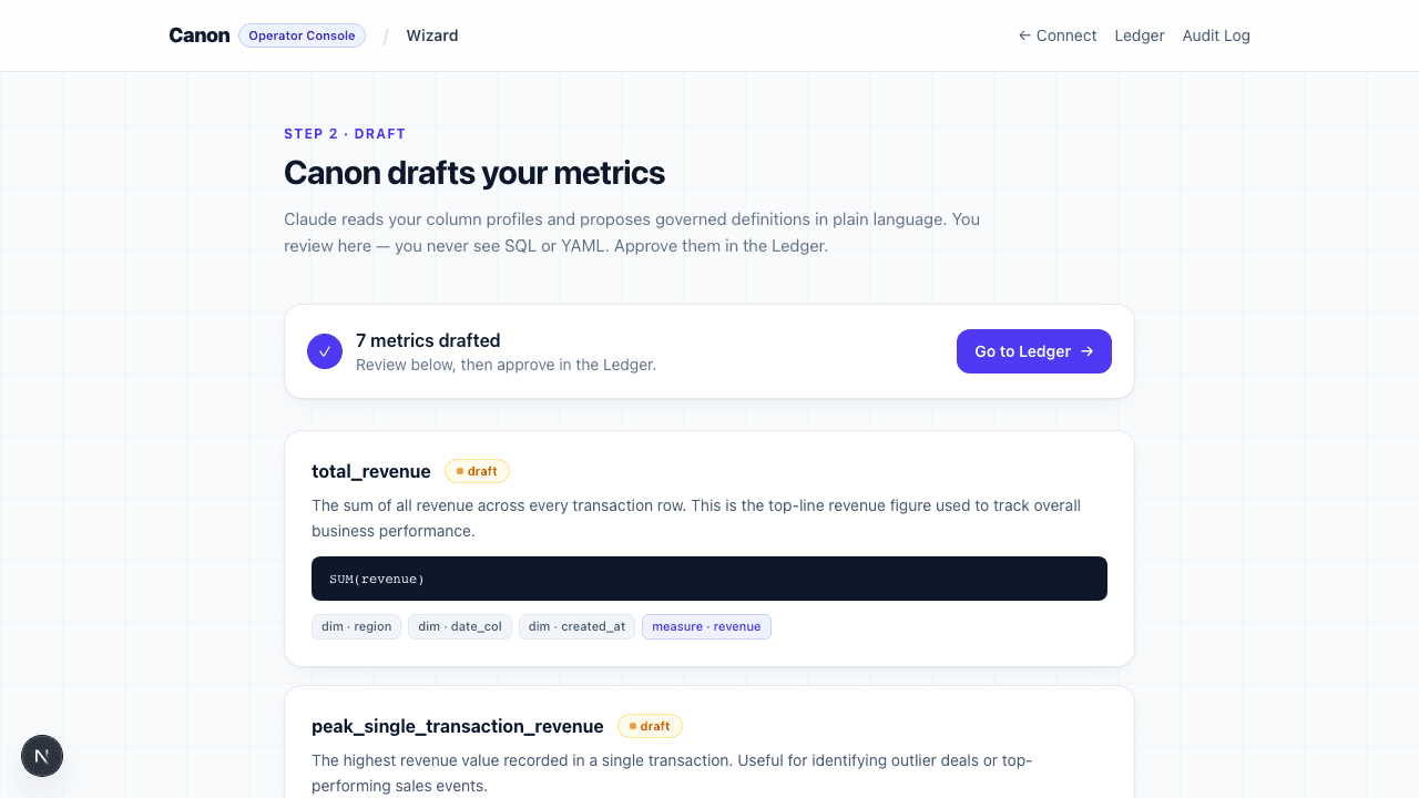 Canon wizard showing auto-drafted metric definitions